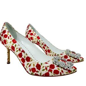 New Manolo Blahnik Floral Hangisi Crystal Pumps White Size 38